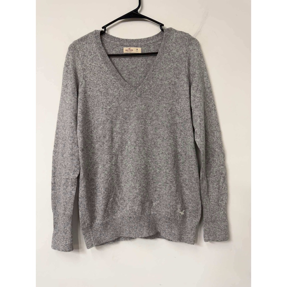 Vtg Hollister Mens Size MV-Neck Sweater Heather Grey Cotton Blend Pullover Logo